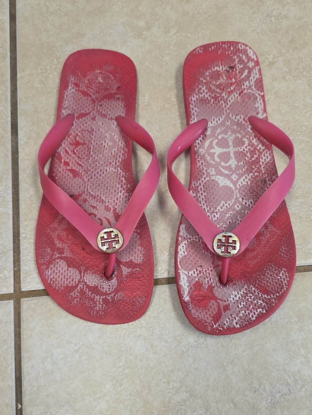 Tory Burch Pink Logo Flip Flop Sandals with Gold Emblem